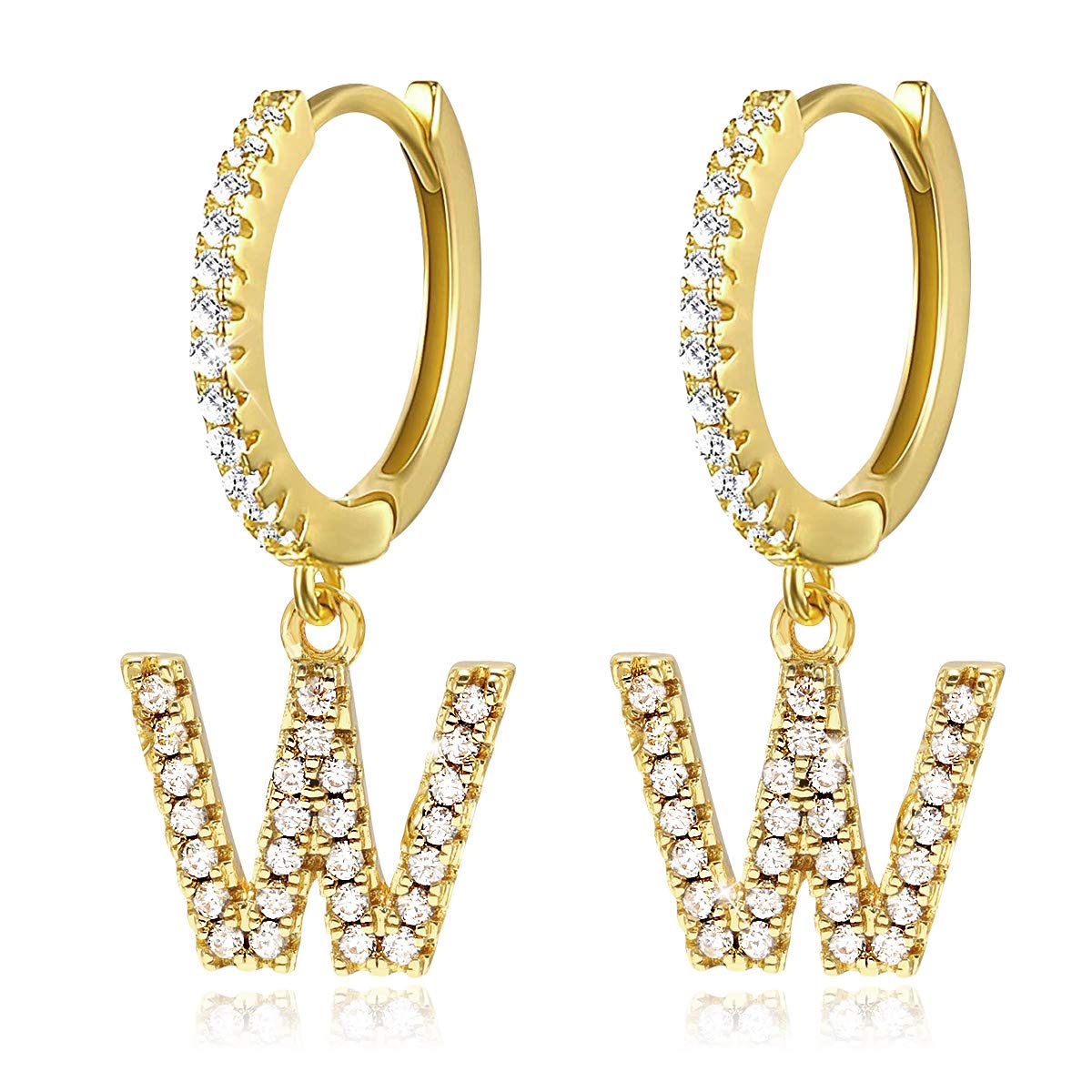 W Initial Dangle Hoop Huggie Earrings for Women 14K Gold Plated Cubic Zirconia Personalized 26 Letters Huggie Earrings Jewelry Gift for Her