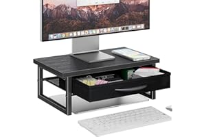 Ekisemio Monitor Stand Riser with Drawer, 2-Tier Wood Desk Organizer for Laptop, Computer Screen, Office Accessories, Storage