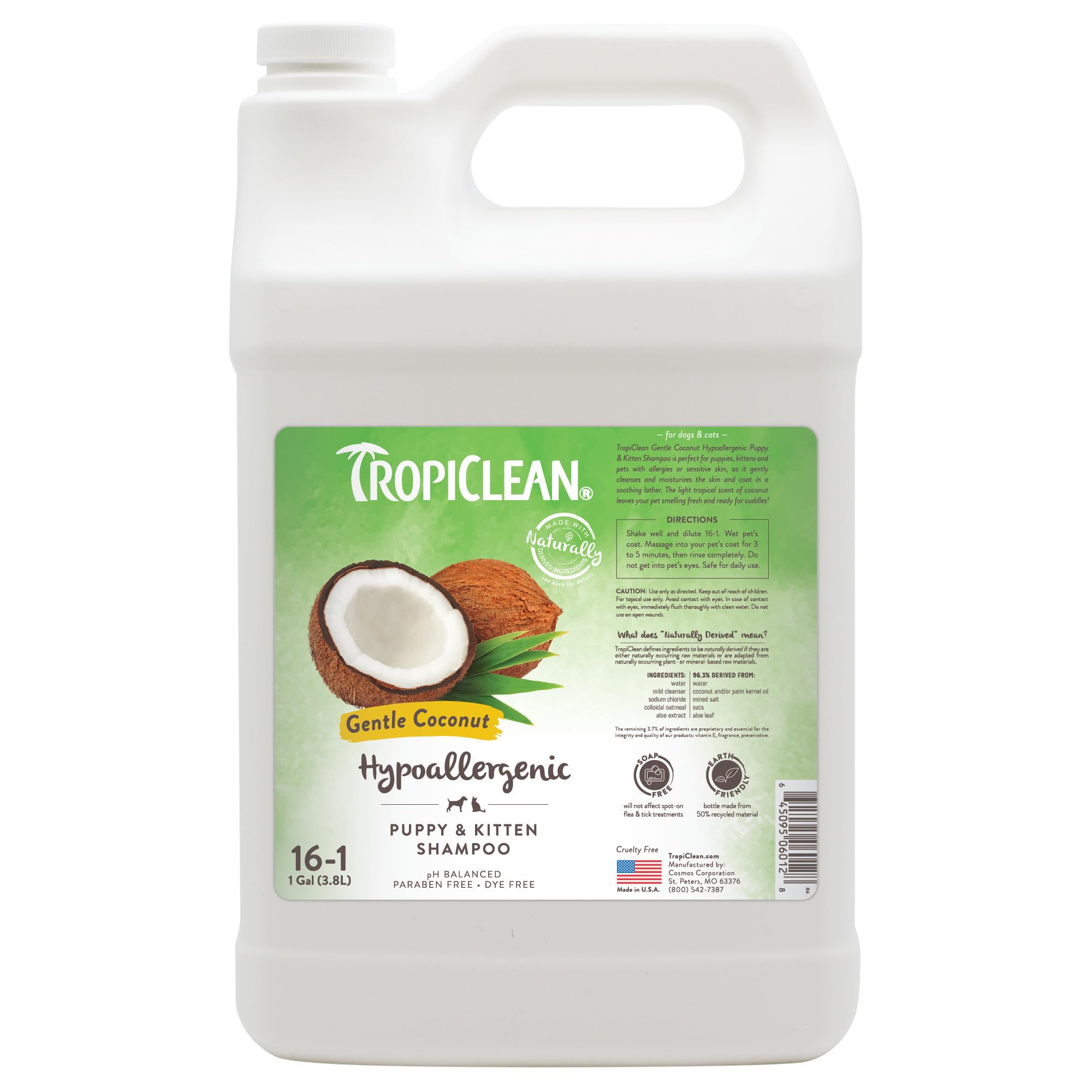 TropiClean Dog Shampoo Grooming Supplies - Hypoallergenic Puppy & Kitten Shampoo Gentle Cleansing for Sensitive Skin - Derived from Natural Ingredients - Used by Groomers - Gentle Coconut, 3.8L