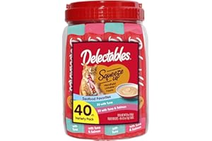 HARTZ New! Delectables Squeeze Up Seafood Variety Pack, Creamy Squeezable Puree, Lickable Wet Cat Treats, Grain-Free, No Added Fillers, 0.5 Ounces Tube, 40 Tubes Total