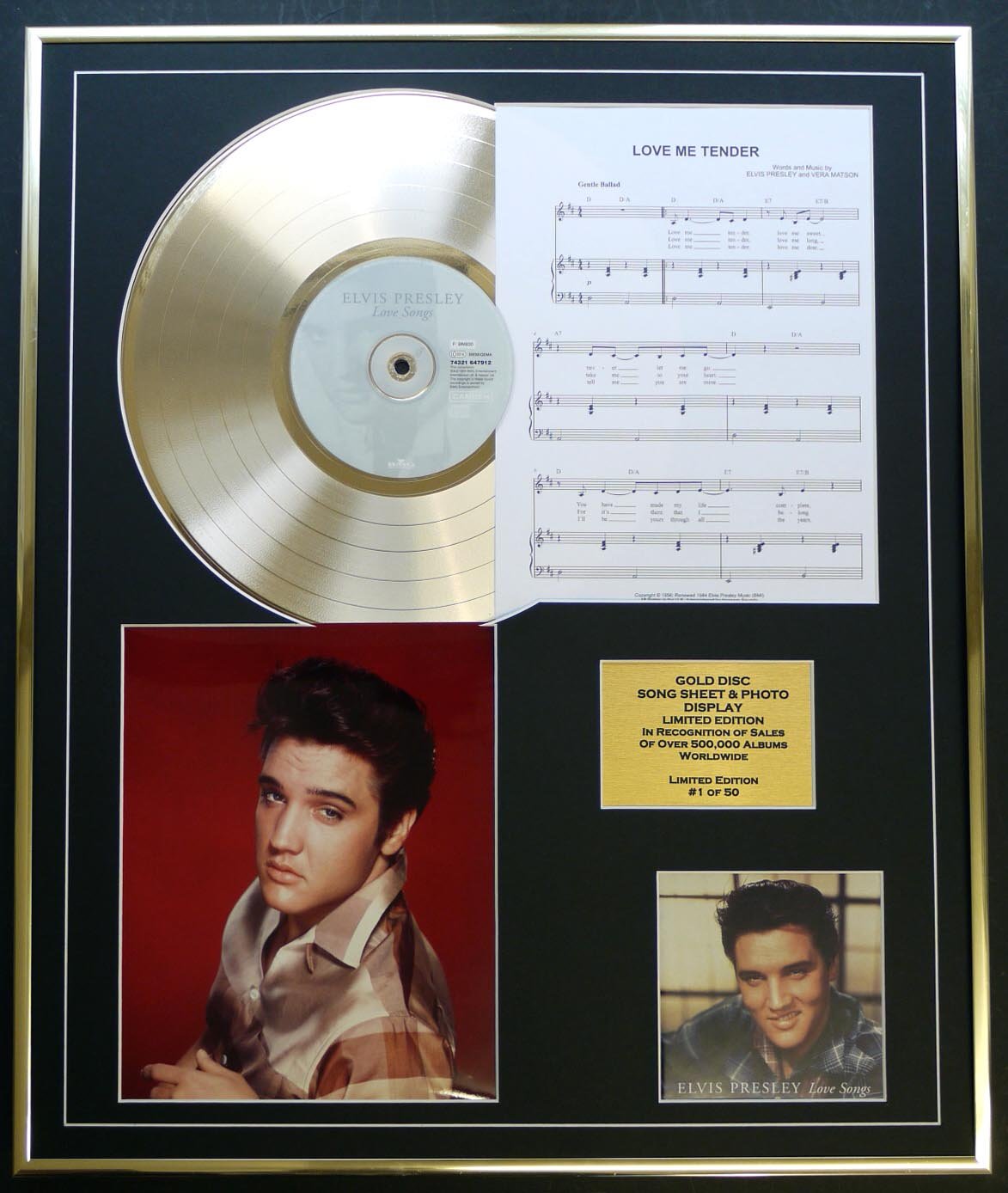 ELVIS PRESLEY/CD GOLD DISC, SONG SHEET & PHOTO DISPLAY/LTD. EDITION/COA/ALBUM LOVE SONGS/SONG SHEET LOVE ME TENDER