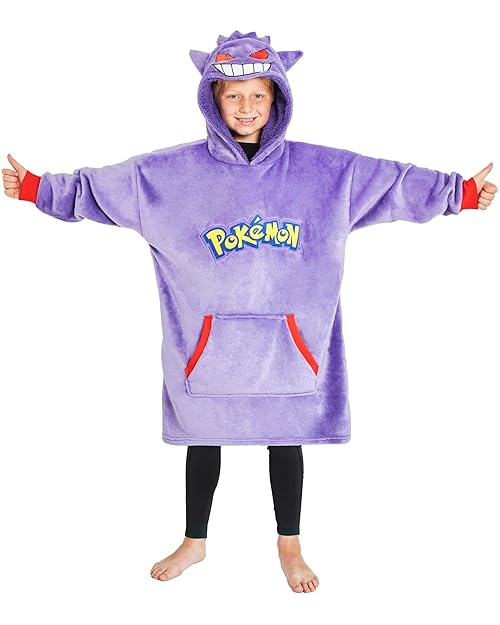 Pokemon Pikachu Hoodie Blanket for Kids Teenagers, Fleece Wearable Blanket Gengar Charizard Psyduck Scorbunny, Warm Oversized Hoodie, Anime Gifts (Purple Gengar)