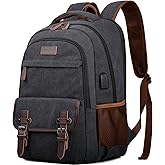 Mactso Canvas Travel Laptop Backpack for Men Women, Business Work Rucksack College School Computer Bag Fits 15.6 Inch Notebook,Bookbag with USB Charging Port (Black, 15.6 Inch)