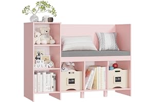 HOUSUIT 43.3" Kids Reading Nook Bench, Nursery Bookshelf and Bookcase with Seat Cushion, 6-Cubby Book Shelf Storage Organizer for Playroom, Bedroom, Living Room, Entryway, Pink