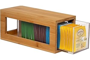 Serenica Homes Bamboo and Acrylic Drawer Tea Bag Holder- Durable & Elegant Tea Bag Storage Holder for Kitchen Countertop, Space-Saving Tea Drawer Organizer