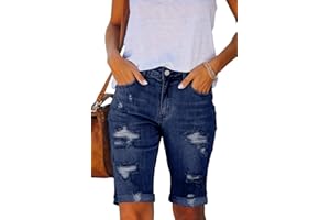 Necooer Women Jean Shorts Ripped Casual Summer Mid Waist Stretchy Five Points Denim Jean Shorts