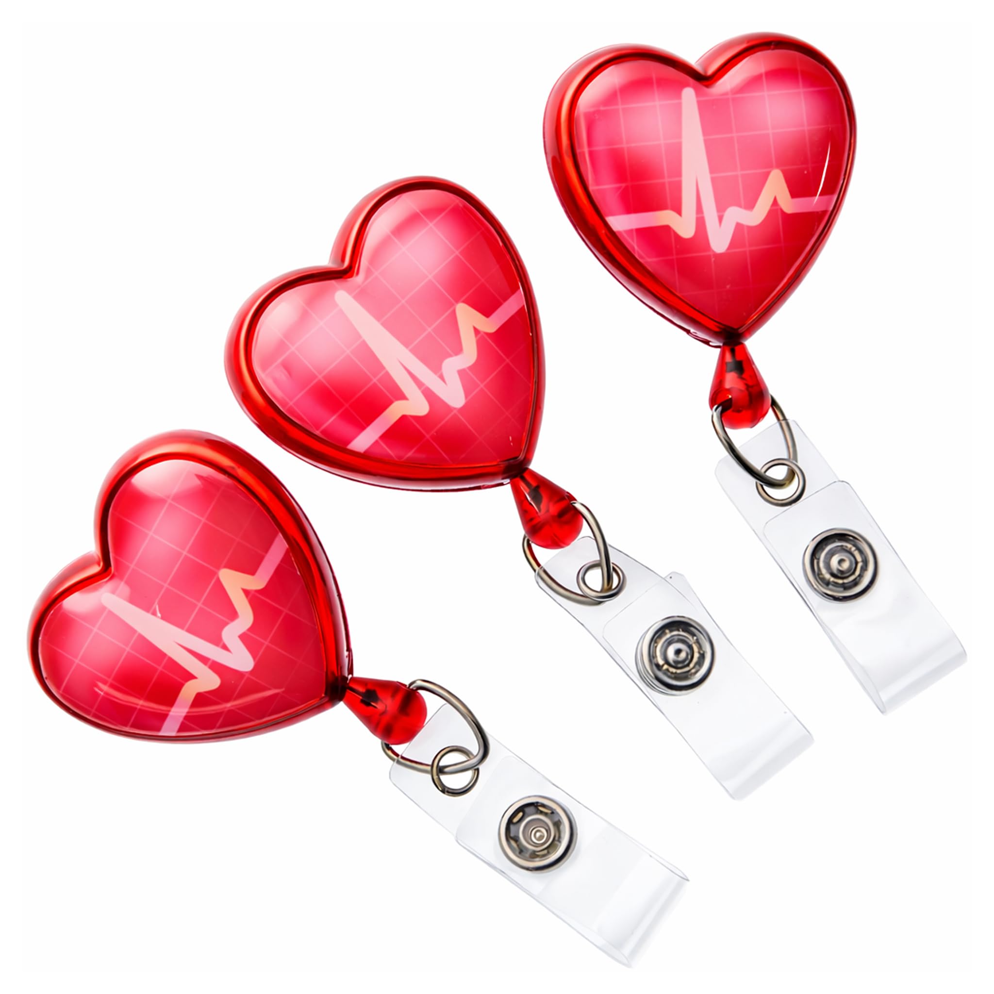 Three Pack of Heart Shaped EKG Badge Reels with Alligator Swivel Clip on Back by Specialist ID (Red)