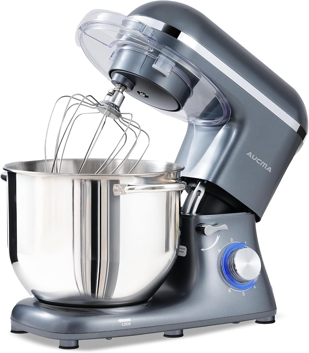 Aucma Stand Mixer 7.5L 1400W with Bowl Beater Hook Whisk Grey