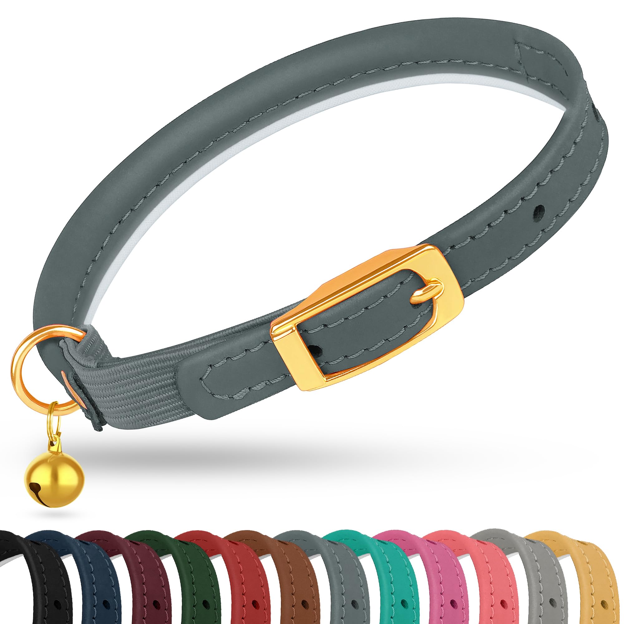OOPSDOGGY Rolled Leather Cat Collar with Bell - Reflective Kitten Collar with Safety Elastic Strap - Adjustable Small Pet Collars for Boy Girl Cats (Denim)