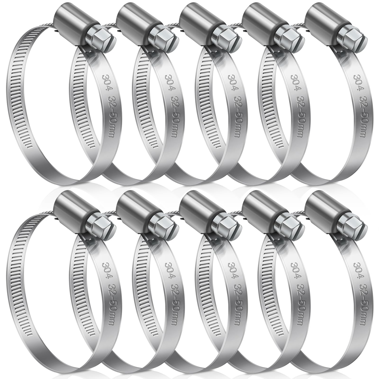 JatilEr 32-50mm Hose Clips, 10 Pcs Adjustable Hose Clamps 304 Stainless Steel Pipe Clips, Pipe Clamps Metal for Securing Hoses or Pipes for Vent Pipe Drain Pipe Exhaust Pipe Water Pipe