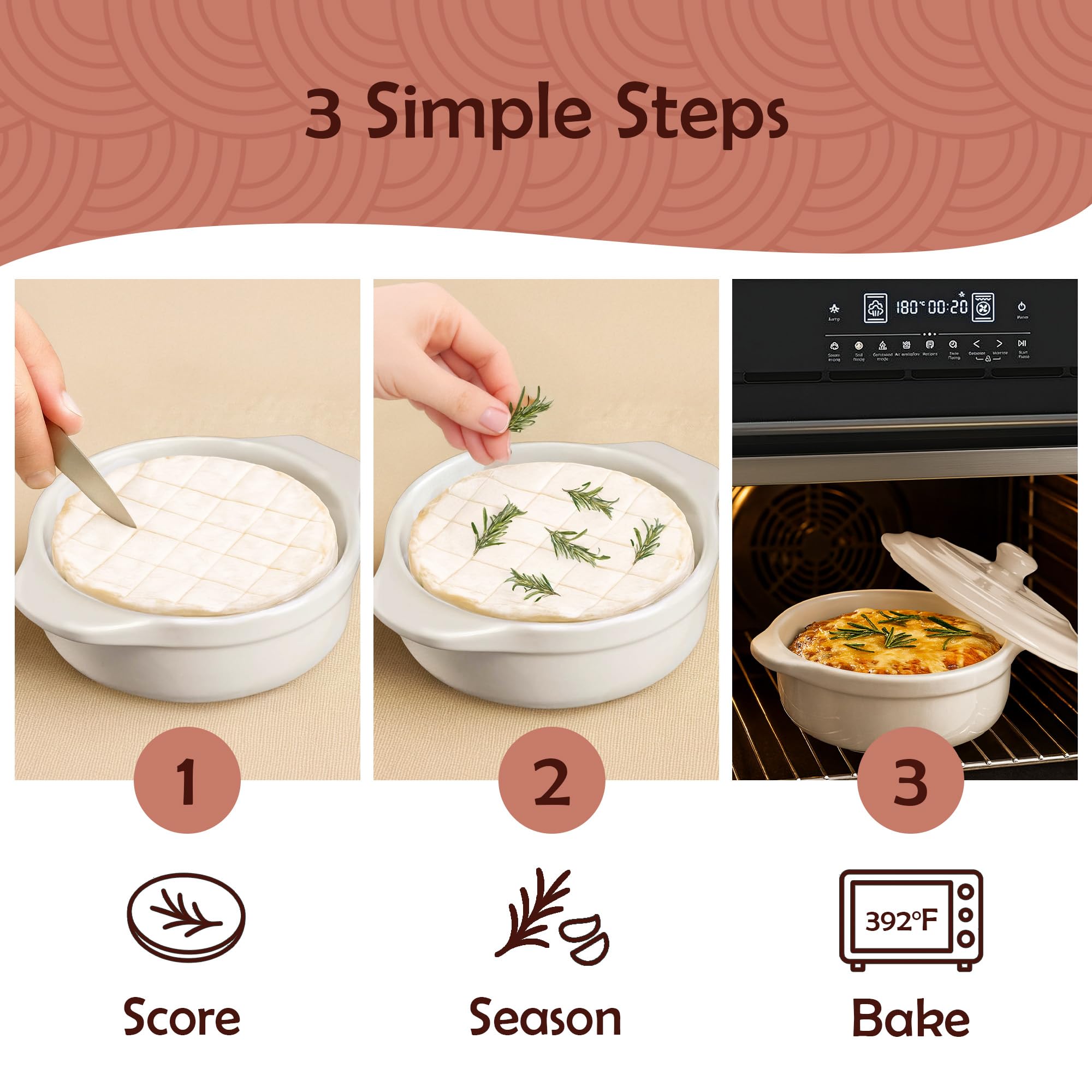 Muldale Brie Baker with Lid and Spreader - Camembert Baker Crock in White - Free from Lead Ceramic Baking Dish - 5.5” - Fits Standard Camembert Wheel