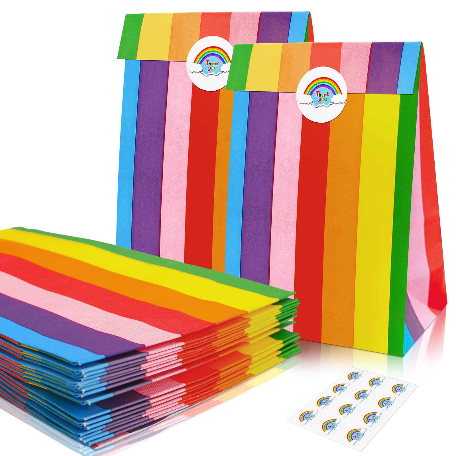 Bonkee Paper Party Bags Recyclable Rainbow Stripe Paper Sweet Goodie Candy Favour Treat Gift Bag with Stickers,Kids Party Bags for Kids Party Birthday Easter Valentines' Day Wedding Halloween,15 Pack