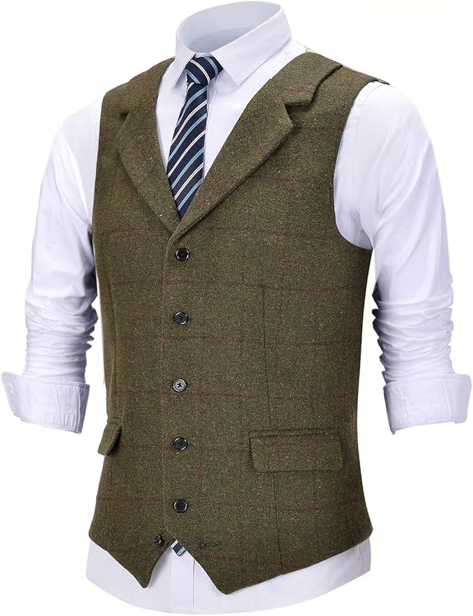 Herren Tweed Weste Revers Fischgrätenmuster Formelle Anzug Oberteil Retro Neu