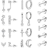 FEYIR 18 Pairs Hoop Stud Earrings Set for Women Flat Back Stud Dainty Chunky Hoop Earring Hypoallergenic Stackable Earrings Sets for Multiple Piercing