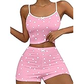 Hilinker Womens Graphic 2 Piece Pajama Set Summer Cute Crop Cami and Shorts Ribbed Lounge Sets