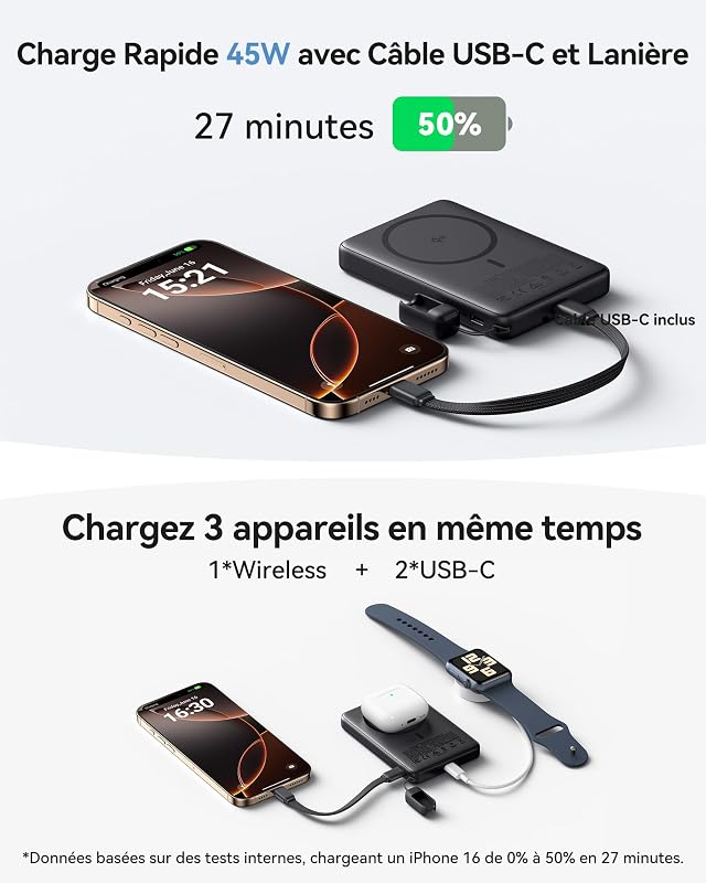 pour MagSafe Qi2 15W Batterie Externe, Ultra-Fine 10000mAh Power Bank