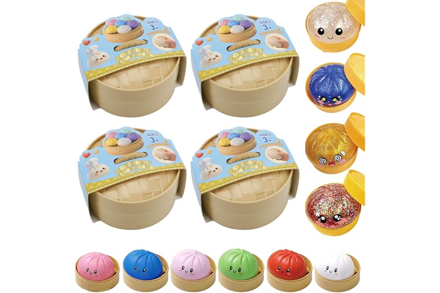 Dumpling Squishy Mystery Box, Glitter Dumpling, Dumplings Style Stress Balls for Adults and Kids, Cute Steamer Basket Design with Squeezable Bun Stress Relief Fidget Toys (4 PCS)