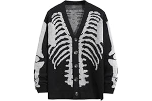 Wyeysyt Men's Skeleton Print Cardigan Sweaters Long Sleeve Oversized V Neck Button Down Outwear Coats
