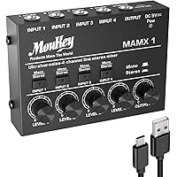 Moukey Stereo Mini Audio Mixer, Ultra Low-Noise 4-Channel Line Mixer for Sub-Mixing, DC 5V Audio Mixer with USB Cable, Ideal 