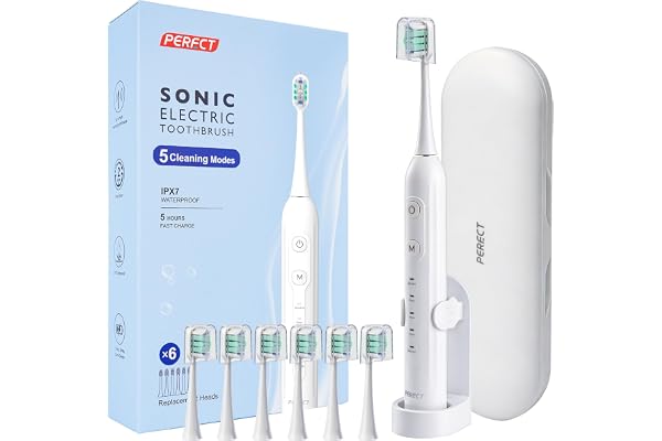 PERECT Sonic Electric Toothbrush for Adults, Rechargeable Electric Toothbrush with 6 Soft Bristle Brush Heads & Travel Case,