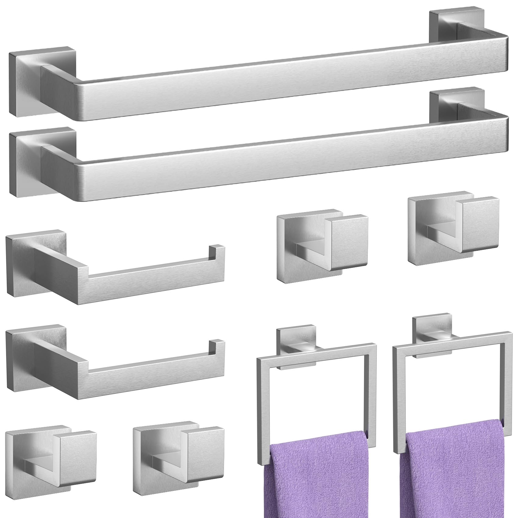 Photo 1 of 10-Piece Brushed Nickel Bathroom Accessory Set Including - 16" Hand Towel Holder - Toilet Paper Holder - Towel Ring - Robe Towel Hook.