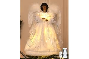 HMASYO Black Christmas Tree Topper Angel with Timer Lights, 12" African American Angel Tree Toppers with White Feather Wings, Star Light, Remote Control and USB Power Xmas Treetop Decor for Holiday