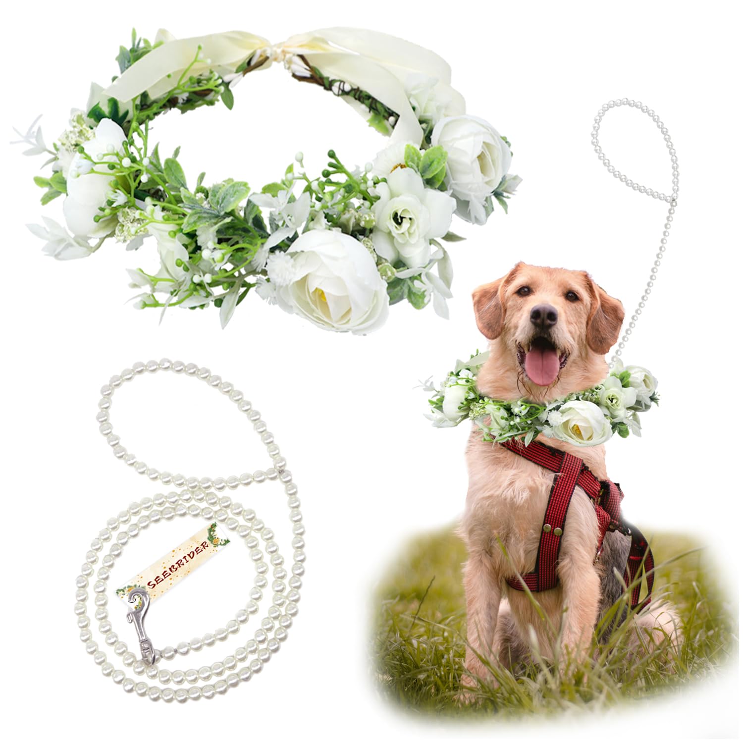 Photo 1 of Dog Flower Collar, Dog Wedding Collar and Pearls Leash Set Adjustable Wreath Wedding Outfit Flower Collar Pet Photo Prop (Medium)