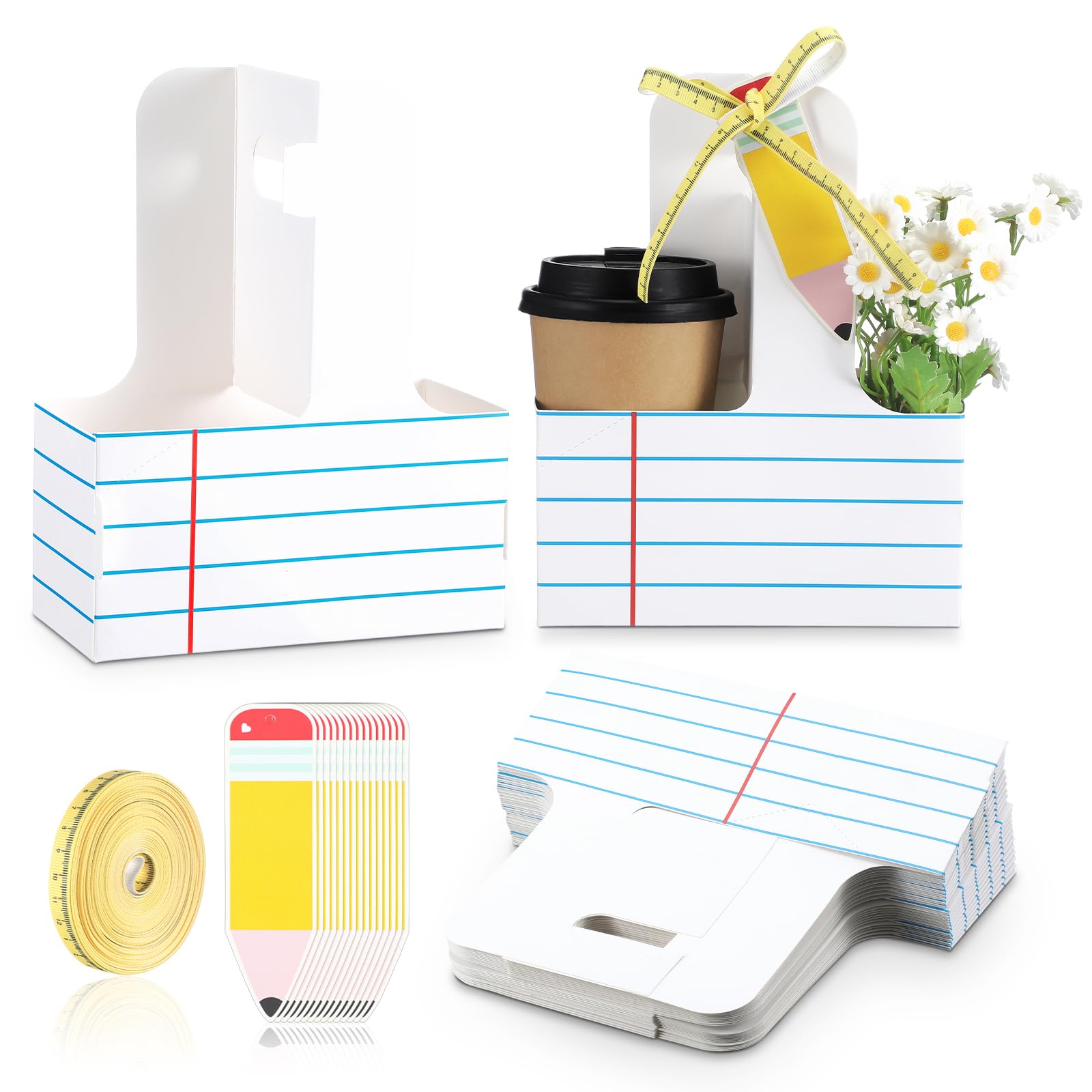 Photo 1 of Reallnaive 24 Set Halloween Teacher Appreciation Gifts 2 Cup Drink Carrier with Greeting Card Ribbon Disposable Cup Holders with Handle for Halloween Thanksgiving Christmas Party Favors(White)