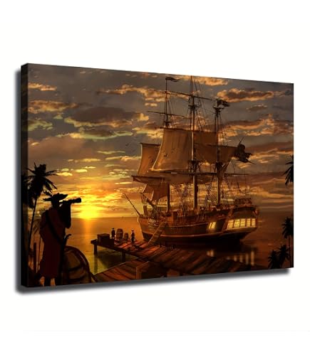 Pirate Ship Oil Painting Print On Canvas – Nautical Wall Art, Medium Size