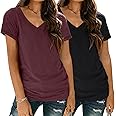 SUNBS Womens Short Sleeve Shirts Basic 2 Pack Tees V Neck Summer Spring Trendy Casual Tops Loose Fit Lightweight Clothes 2025