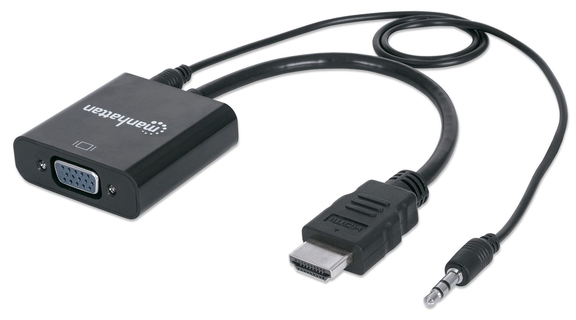 Manhattan HDMI to VGA (with Audio) Converter cable, 1080p, 30cm, Male to Female, Micro-USB Power Input Port for additional power if needed, Black, Three Year Warranty, Polybag — image 1