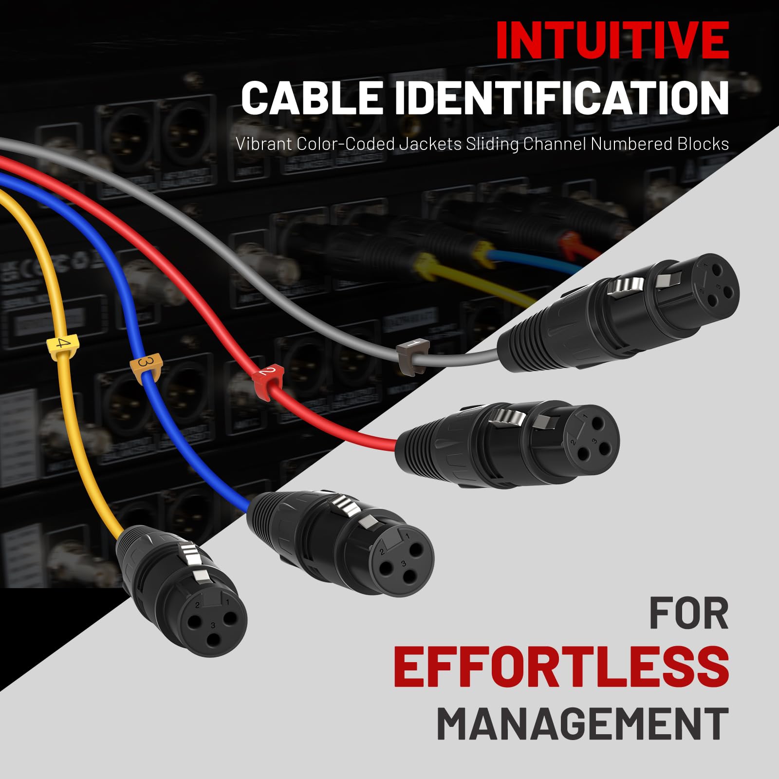 4 Channel XLR Cable, 3Ft XLR Snake Cable, Balanced Microphone Cable, XLR Splitter, Color-Coded, 4-in-1 Design, 3-PIN XLR Male to XLR Female Patch Cable Cords, w/OFC Copper (PCBL-4IN1-3)