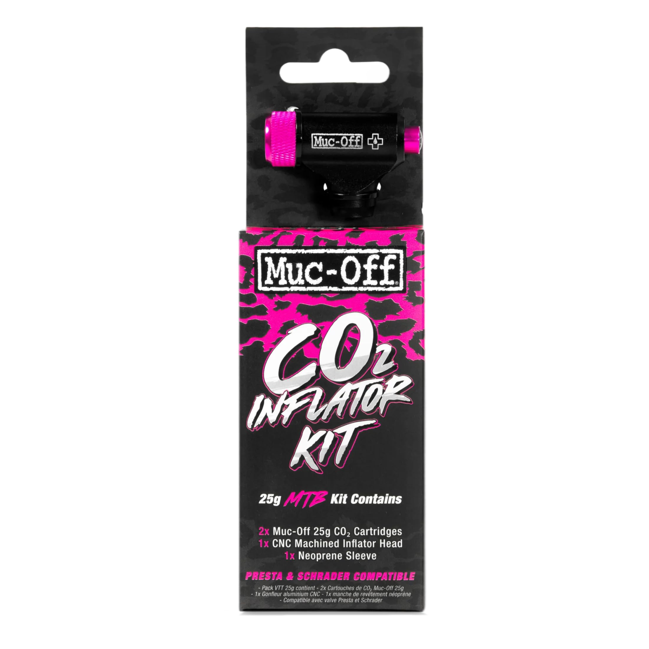 Muc-Off Inflator Kit - CO2 Puncture Repair Kit for Road Bikes - 2 Cartridges, CNC Inflator Head, Neoprene Sleeve - Fits Presta and Schrader Valves - MTB