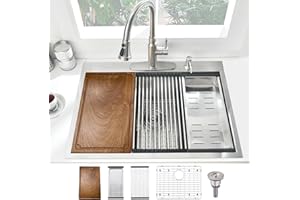 BoomHoze 33 Inch Drop in Kitchen Sink Workstation, 33x19 Drop in Kitchen Sink Single Bowl 16 Gauge Stainless Steel Top Mount Handmade Deep Basin