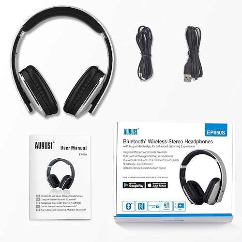 August EP650 Bluetooth Wireless Over Ear Headphones with aptX LL Low  Latency/Multipoint/NFC Audio in/H