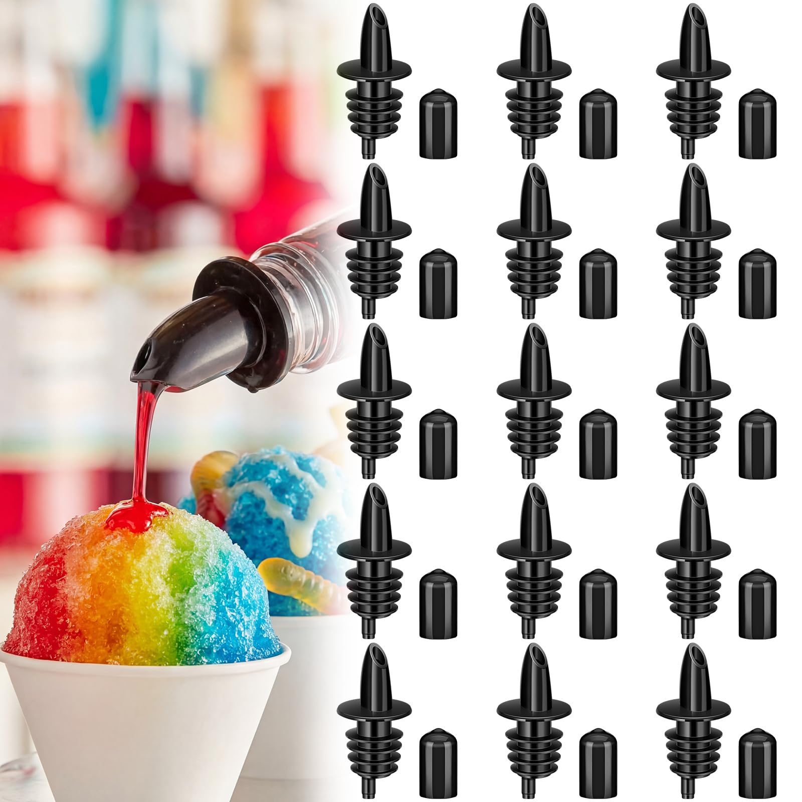 Photo 1 of 30 Pcs Bottle Pourers Syrup Pour Spouts Including Snow Cone Syrup Alcohol Liquor Bottle Pourers and Rubber Dust Cap Covers Dispenser Accessories