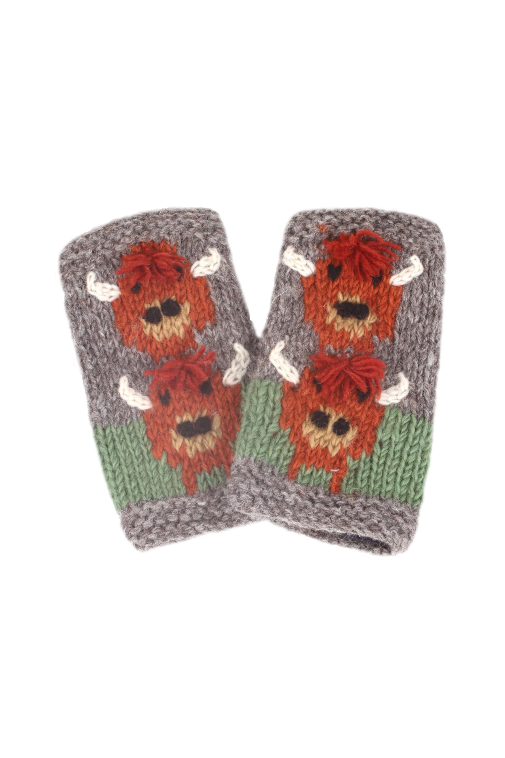 Pachamama Women Wool Hand Wrist Warmers Jersey Cotton Lined Handknitted Highland Cow Multicoloured One-Size Handmade Fair Trade