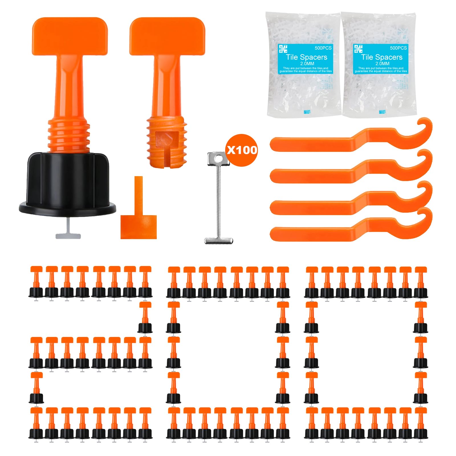Storystore Tile Leveling System 200pcs Tile Levelers Spacers with 2mm Tile Spacers 1000pcs, 4pcs Special Wrenches and 100pcs Steel Pins, Reusable Tile Leveling System Kit for Building Floors Walls