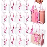 Abbylike 24 Pcs Purple Ribbon Awareness Gift Bags with Handles Clear Cancer Awareness Treat Bag Ribbon and Pins Wrap Decoration for Domestic Violence Epilepsy Alzheimers Disease Event Supplies (Pink)