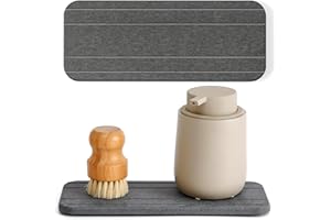 WALL QMER Fast Drying Stone Soap Tray, 9.9'' × 4'' Stone Drying Tray & Toothbrush Holders for Bathroom Counter, Diatomaceous Earth Water Absorbing Stone Tray for Sink, Dark Gray