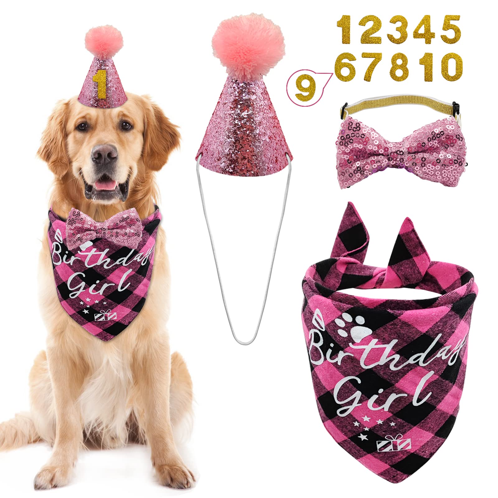 Dog Birthday Party Supplies, LMSHOWOWO Reusable Girl Dog Birthday Bandana Scarf Set, Cute Dog Birthday Hat with Number Bow Tie for Small Medium Large Dog Pet (Pink)