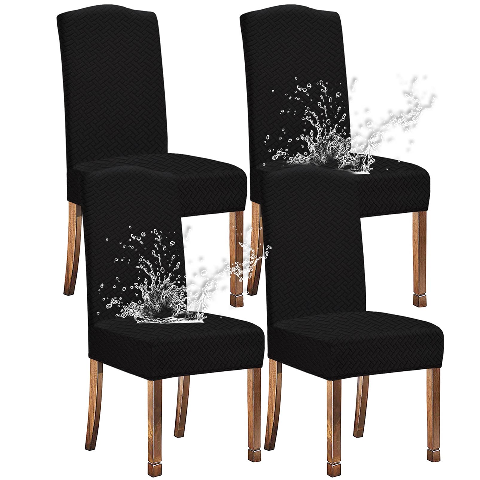 KELUINA Stretch Water-Repellent Twill Jacquard Dining Room Chair Covers Home Decor,Chair Covers for Dining Room Chairs Restaurant Hotel Ceremony (Black,4 Pieces)