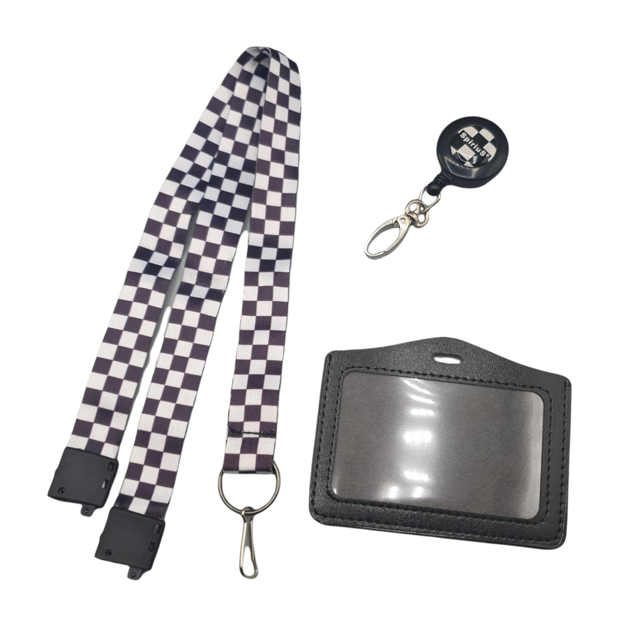 Retractable Lanyard and Badge Holder Trio Triple Pack SpiriuS - Set Includes Checker Plaid Lanyard, Extendable Yoyo Reel Clip and Rigid ID Card Holder (Triple Pack Checker Plaid)