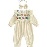 Mialoley Baby Girl Bubble Romper Crochet Outfit Flower Jumpsuit Long Sleeve Floral Bodysuit Newborn Fall Winter Clothes