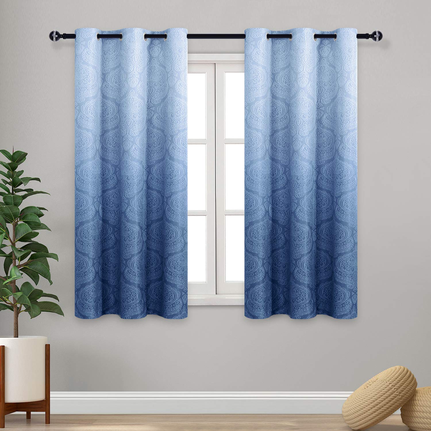 DWCN Ombre Blackout Curtains for Bedroom - Damask Patterned Thermal Insulated Energy Saving Grommet Curtains for Living Room, Set of 2 Gradient Window Curtain Panels, 42 x 54 Inch Length, Navy Blue