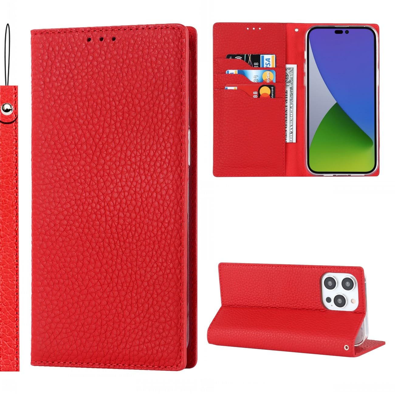 Cavor Phone Case Compatible for iPhone 15 Pro Max,Genuine Leather Flip Wallet Case,[3 Card Holders][Magnetic Closure][RFID-Blocking][Lanyard],Protective Case Cover for iPhone 15 Pro Max - Red — image 1