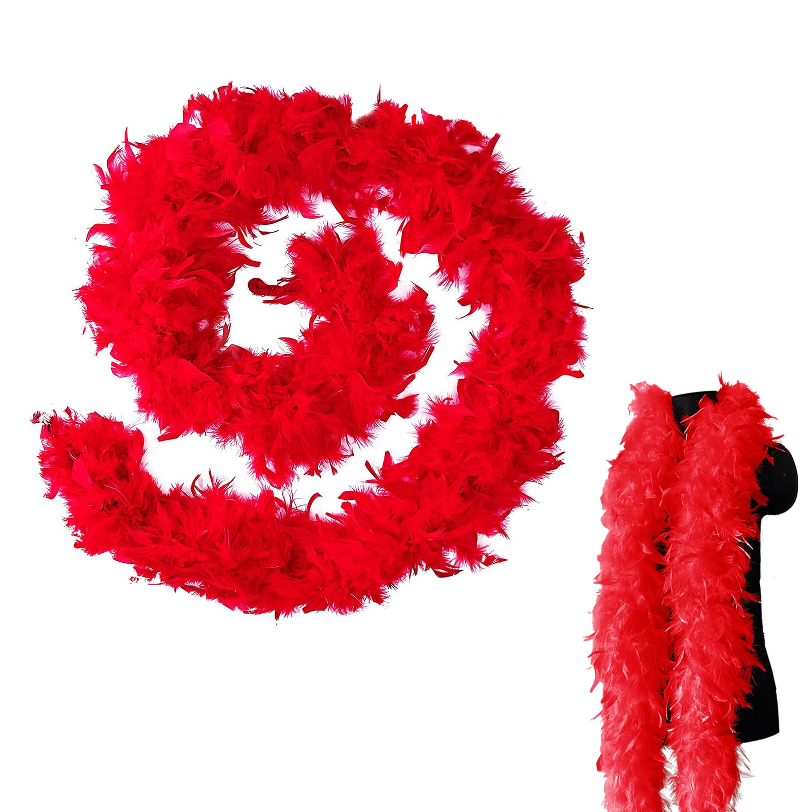 MORAINJAY Colorful Feather Boas,6.6ft/2m Red Natural Turkey Feather Boa for Women,Girls,80g Fluffy Boa Feather for Fancy Dress Home Dancing Party,Wedding,Halloween,Cosplay,Costume Decoration