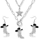 Aswitnove 3 Pcs Cowgirl Necklace Earrings Western Jewelry Set for Women, Sparkly Rhinestone Stacked Cowboy Enamel Hat Boot Star Choker Western Earrings Necklace Country Jewelry for Women