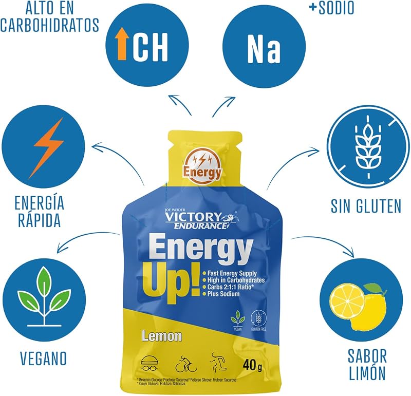 Energy Up Gel Cafeína Sabor a Limão com Sódio Plus, Immediate Energy, 40 G, Pack de 24