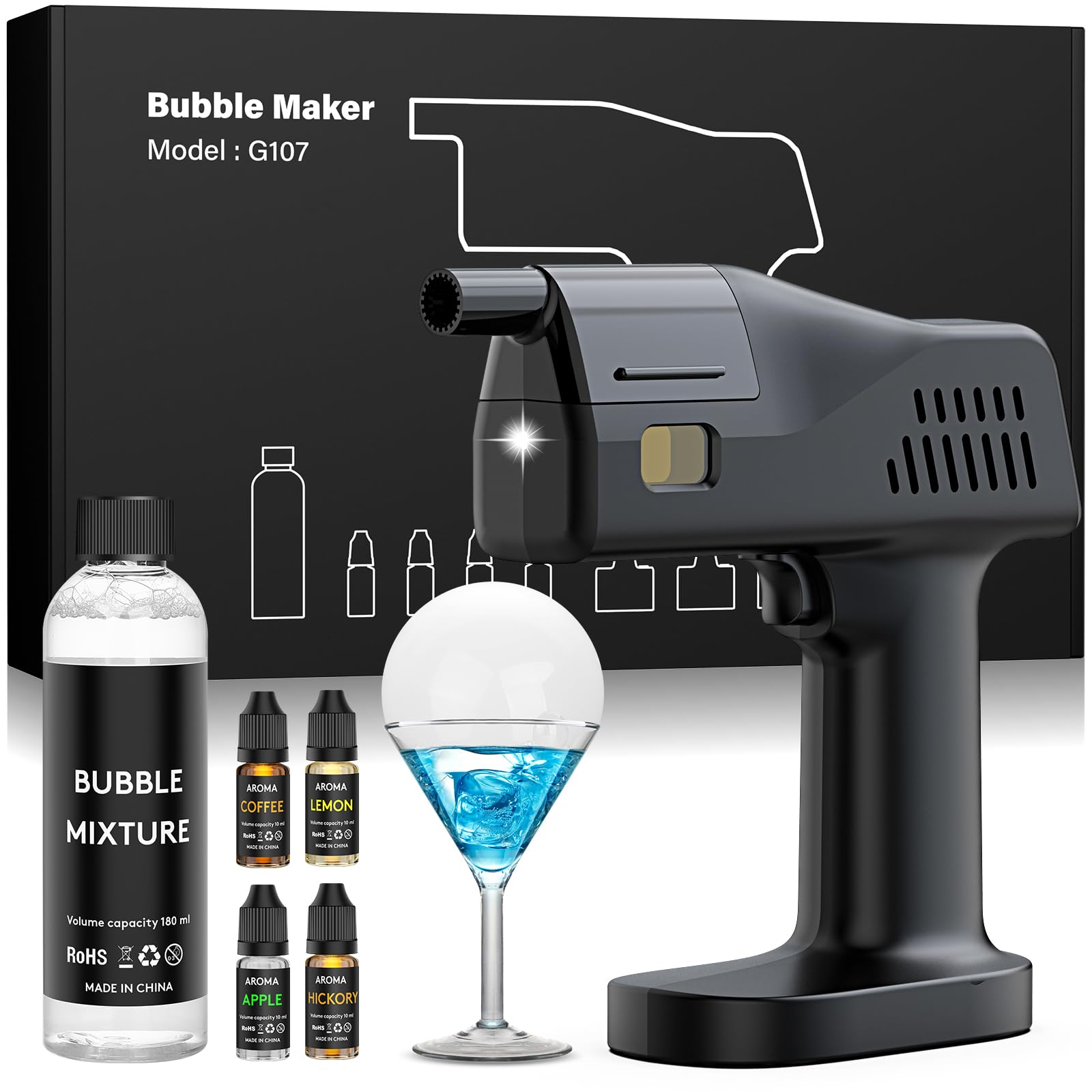 Photo 1 of Electric Cocktail Smoke Bubble Gun Kit - Aroma Blaster with 4 Flavor Oils & Edible Bubbles | 5000mAh Rechargeable, Color Screen | Smoker for Whiskey, Food, Drinks | Great Gift for Dad, Men, Bartender